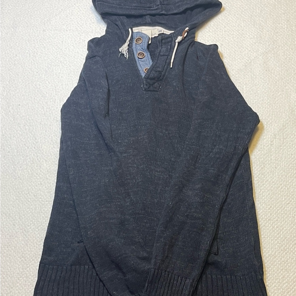 H&M Men's Dark Gray Knit Classic Warm Pullover Hooded Sweater